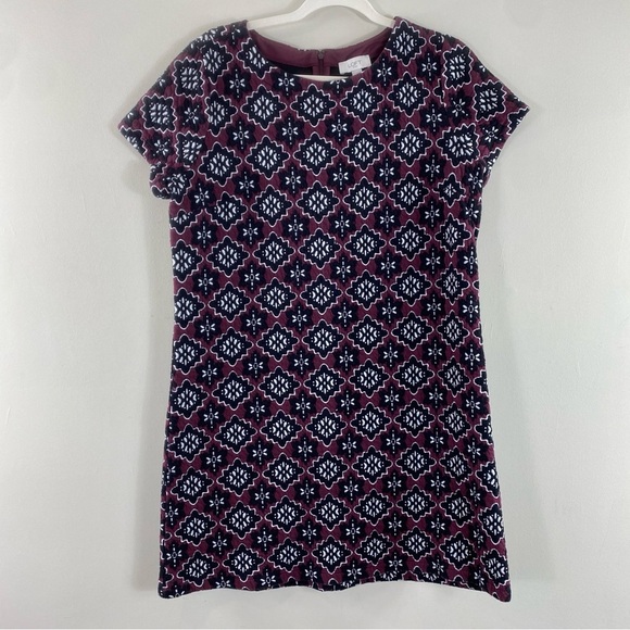 Loft Burgundy+Navy Jacquard Shift Mini Dress In Size Large - Picture 2 of 12